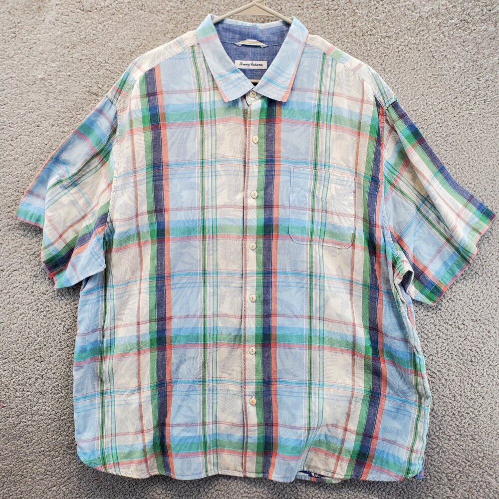 Tommy Bahama Camp Hawaiian Button‎ Up Shirt 2XLB Big Plaid Madras Short Sleeve